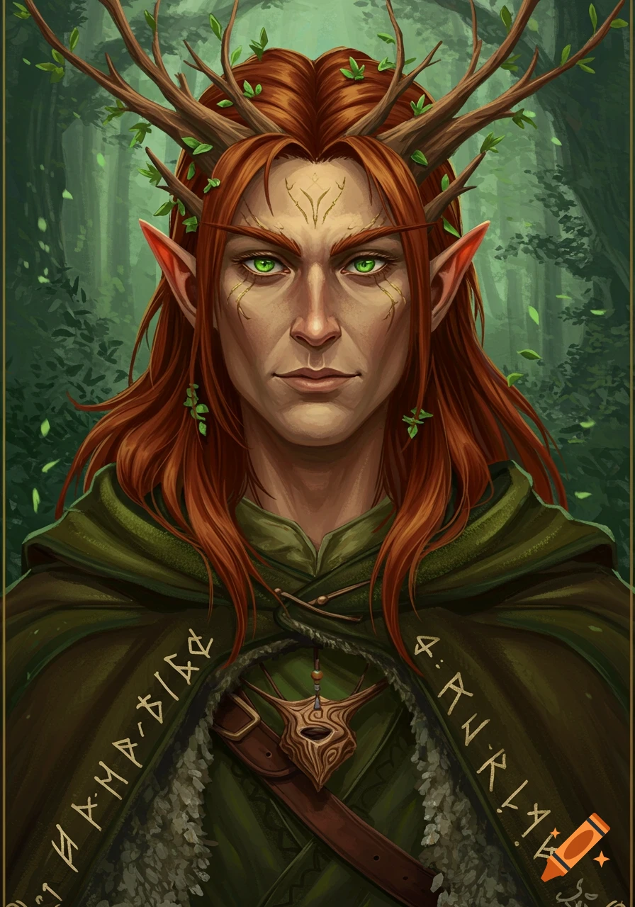 Portrait of a male wood elf with long red hair, green eyes, antlers, and a green cloak with runes, set in a forest.