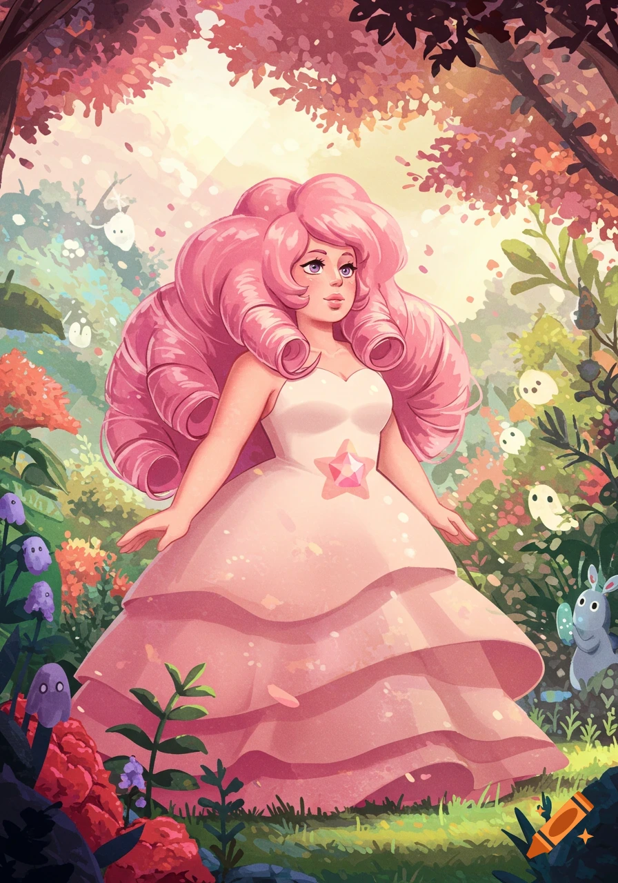 Rose Quartz from Steven Universe, with voluminous pink hair and a light pink dress, stands in a vibrant, lush Studio Ghibli-style forest.