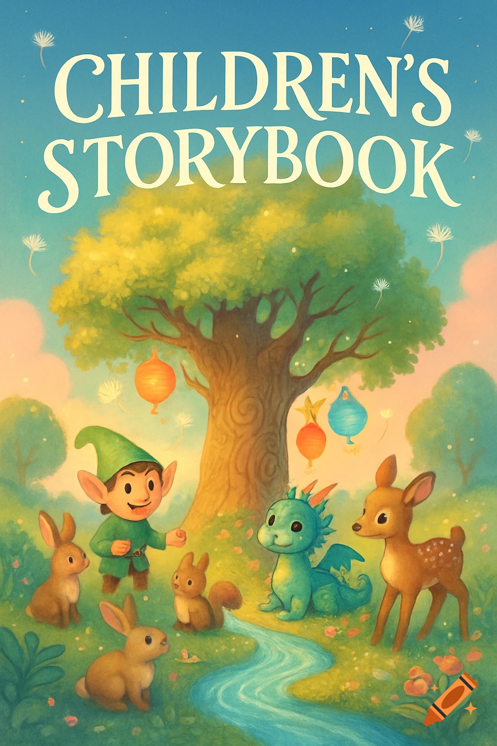 A whimsical children's illustration of an elf and forest animals (rabbits, squirrel, deer, dragon) by a stream under a tree, with "CHILDREN'S STORYBOOK" text.
