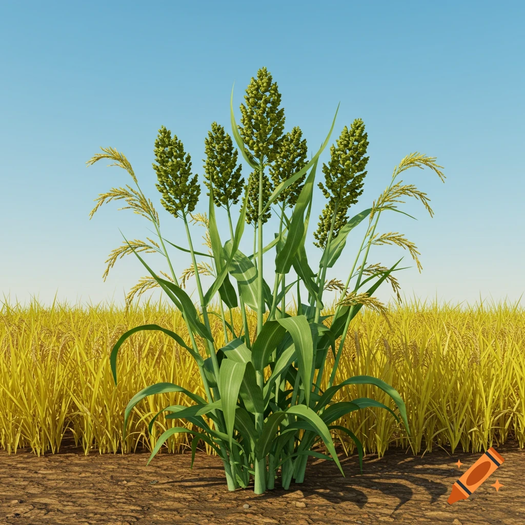 A photorealistic image of a tall green plant, a hybrid of sorghum and rice, standing in a field of golden crops under a clear blue sky.