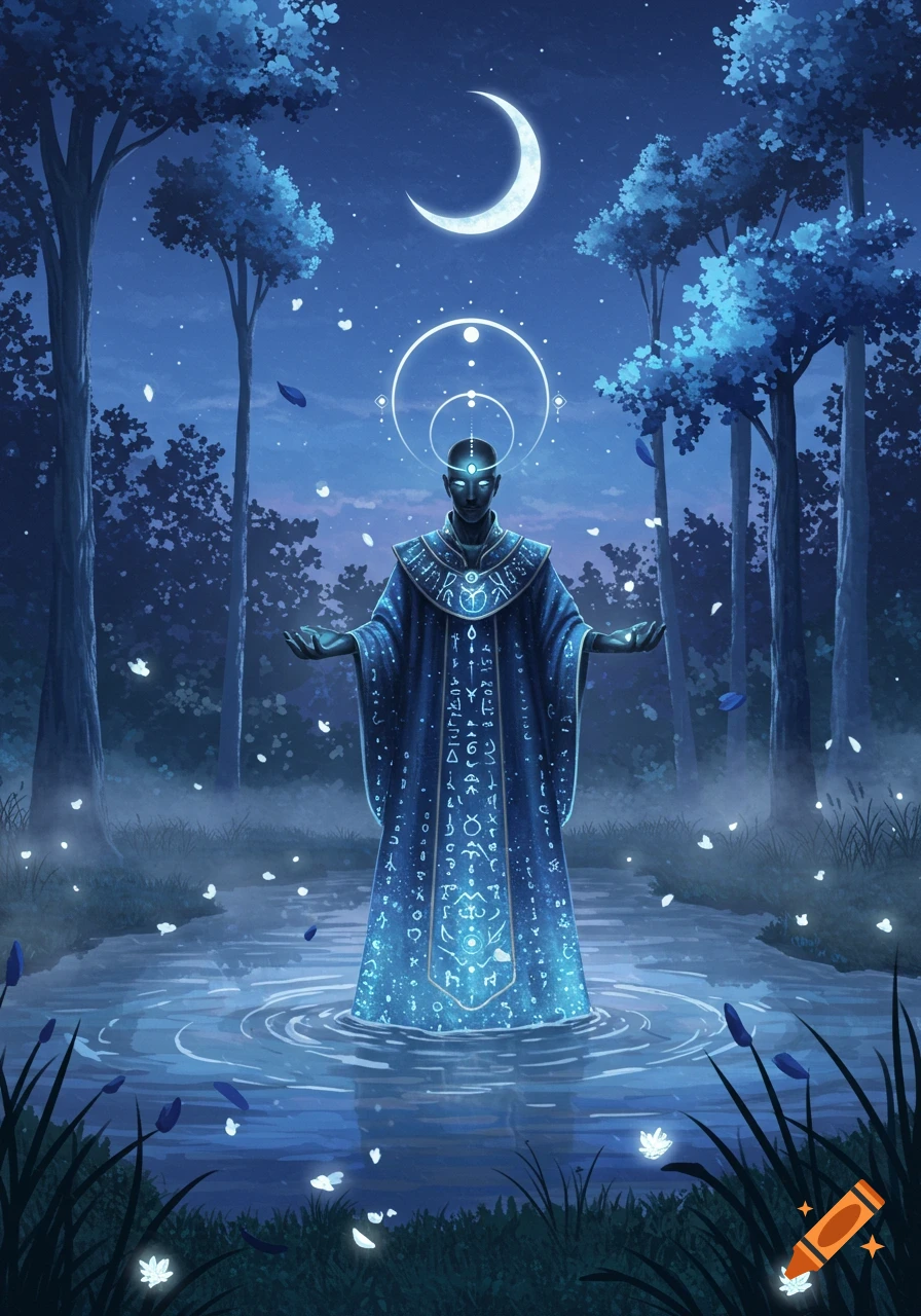 A dark cloaked figure with glowing eyes and ancient symbols on their robe stands in a misty, moonlit forest pond under a crescent moon, with glowing petals and water ripples. The scene is illuminated by ethereal blue light.