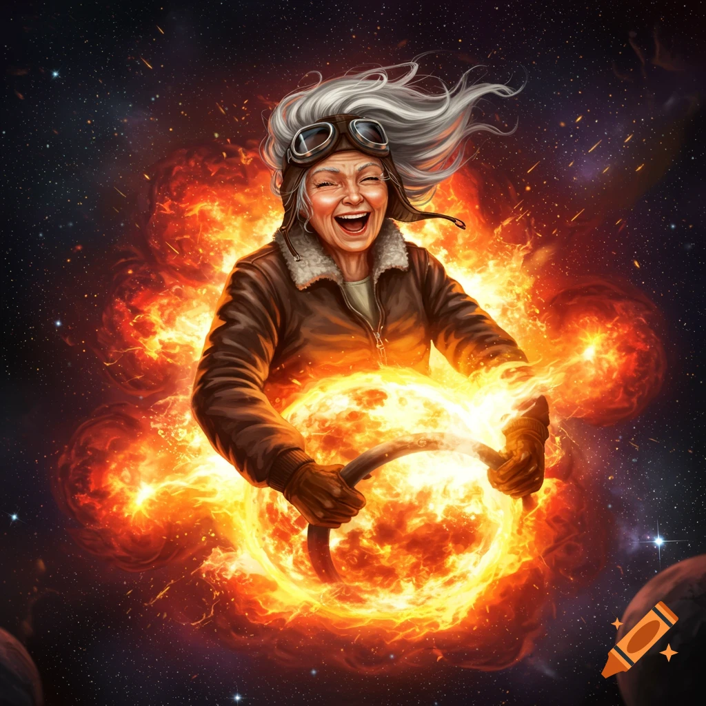 A joyful elderly woman in pilot's gear drives a fiery sun through a starry cosmic background, in an illustrated style.