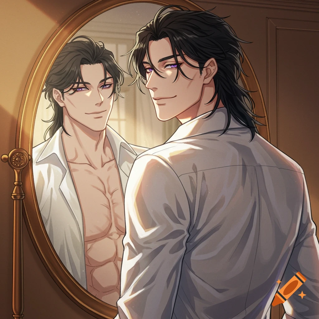 A muscular anime man with messy black hair and purple eyes, wearing an unbuttoned white shirt, smirks at his reflection in an oval mirror in a bedroom.