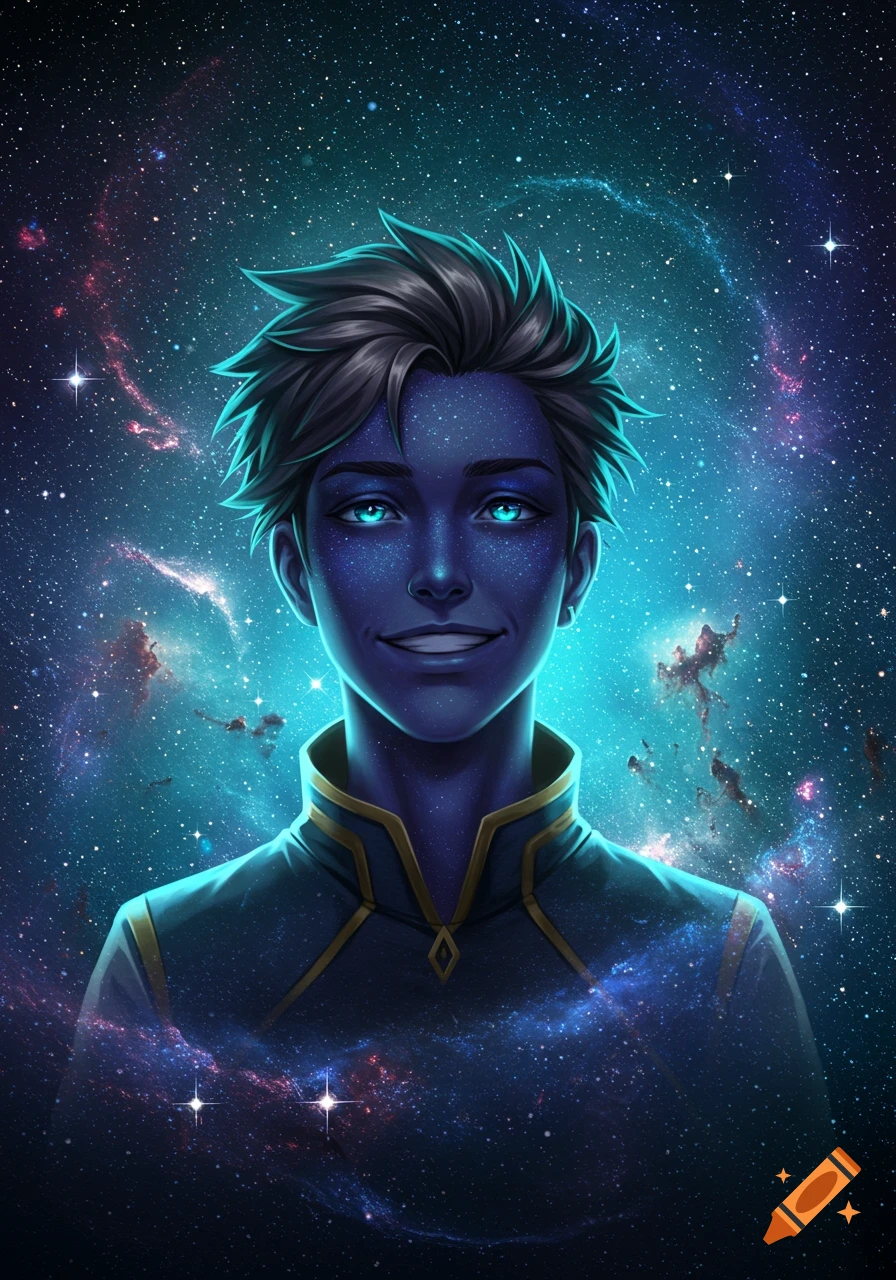 Smiling character with dark blue, star-dusted skin and glowing blue eyes against a vibrant galaxy, in an anime art style.