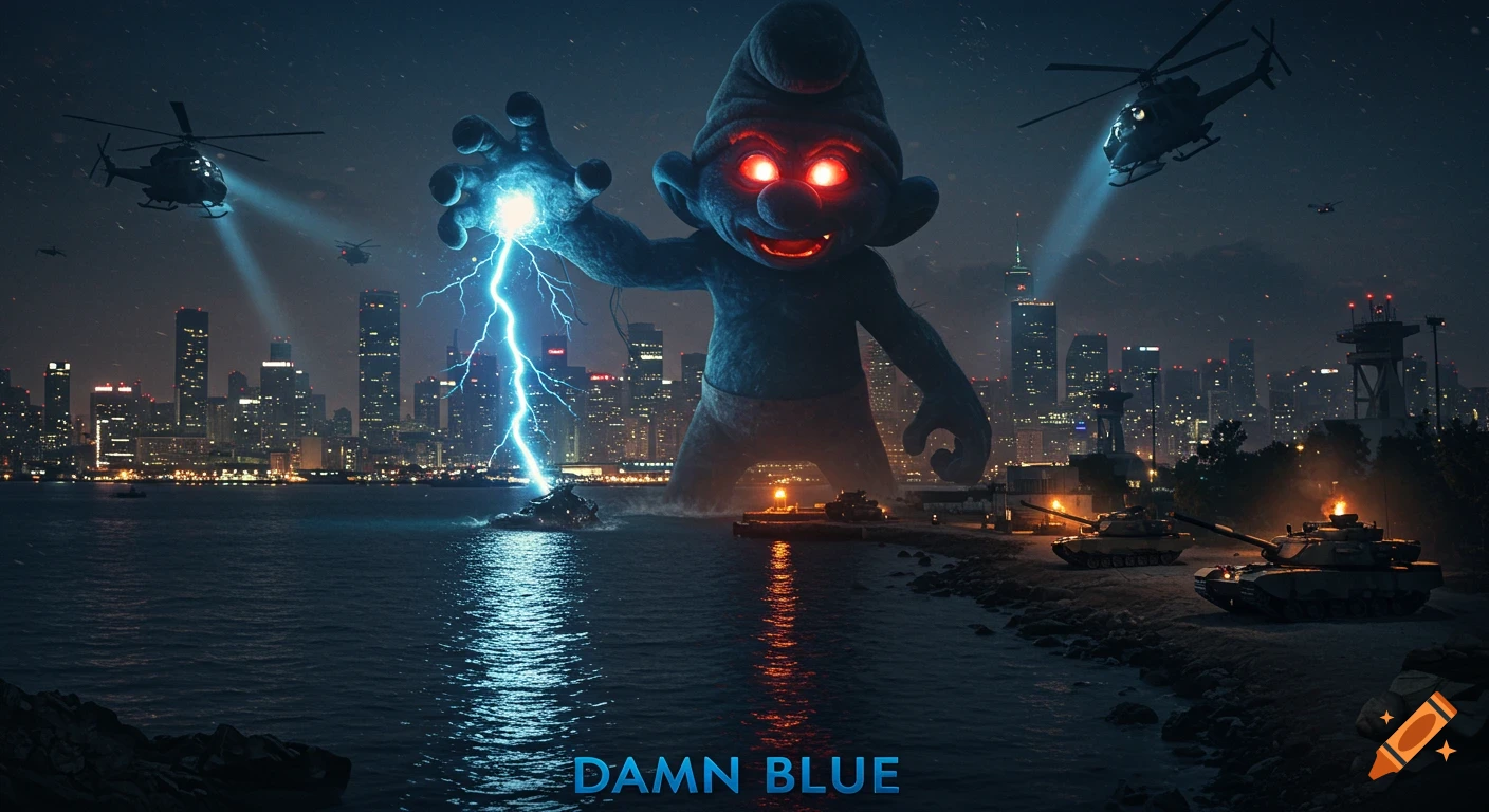 A giant, demonic Smurf with glowing red eyes attacks a city at night, shooting lightning as military helicopters and tanks confront it. Movie poster style.