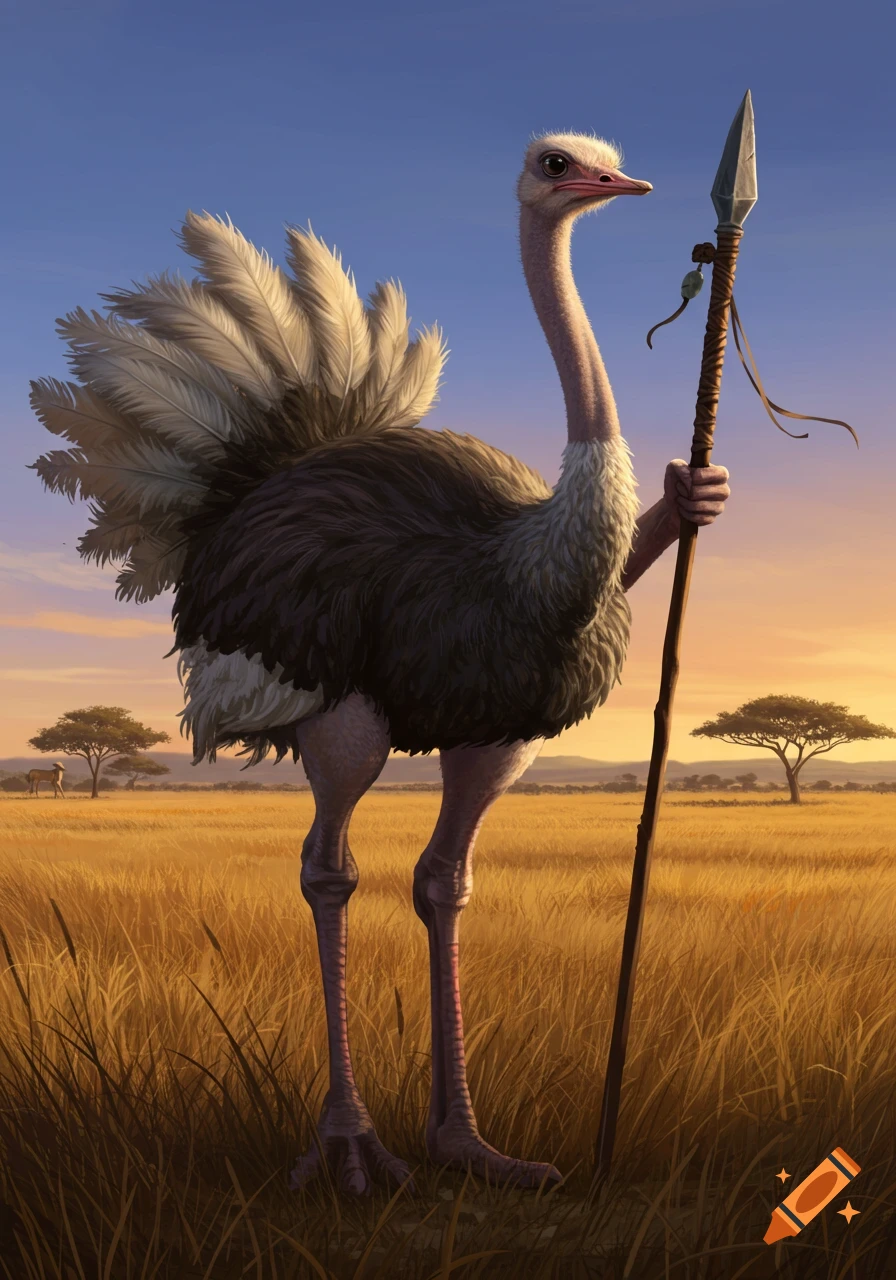 An anthropomorphic ostrich holds a spear in a golden savanna landscape under a sunset sky.