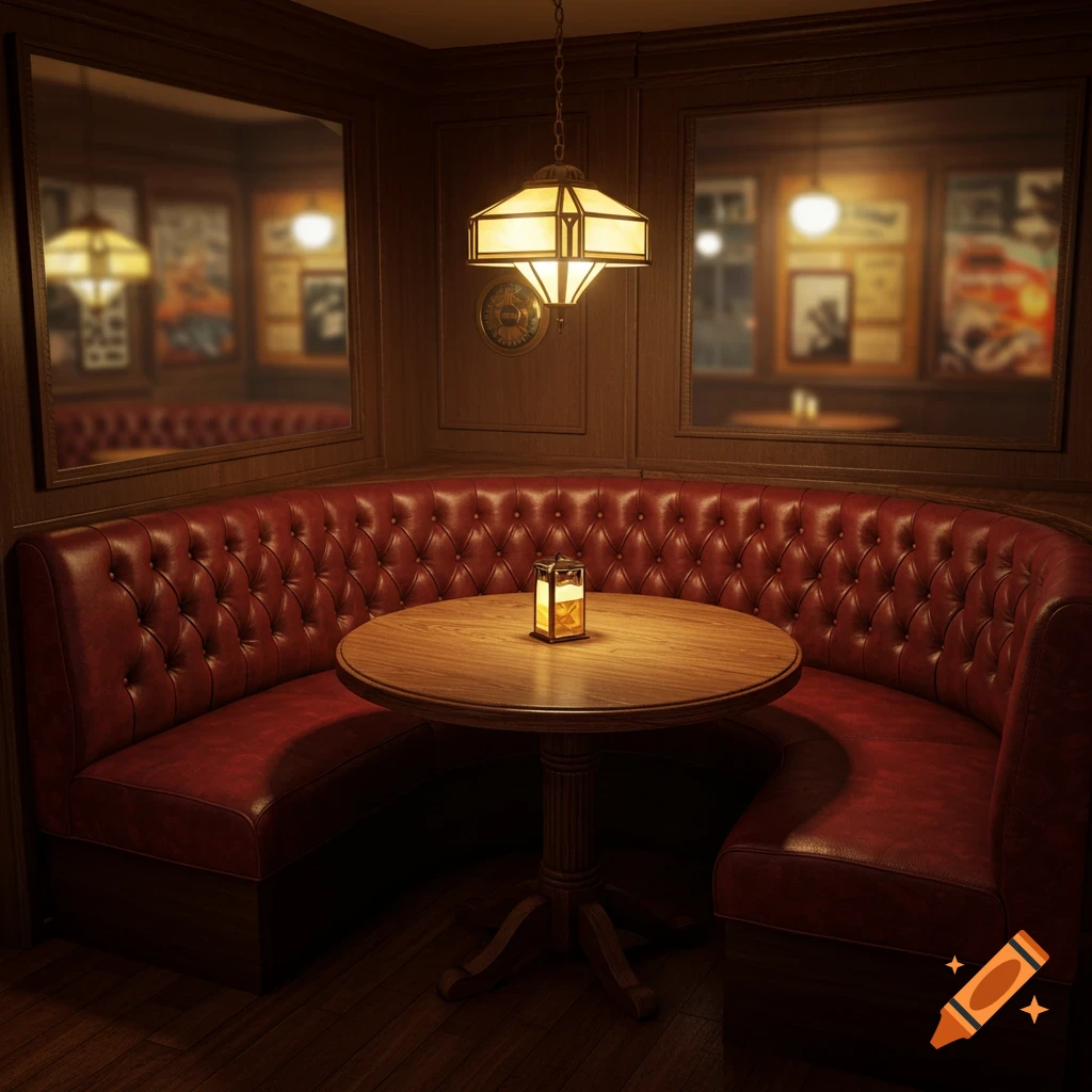 A cozy, dimly lit bar booth with red leather seating, a round wooden table, and a small lantern, photorealistic.