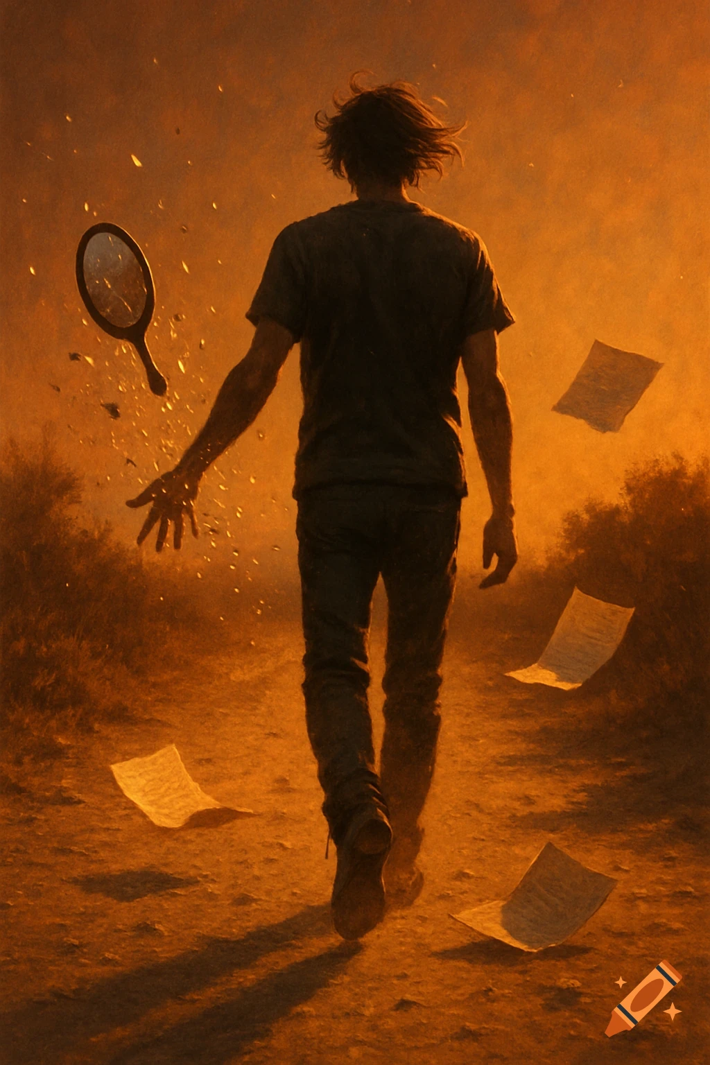 A man walks away at sunset, dropping a hand mirror and papers that float around him in the dusty, orange-hued air.