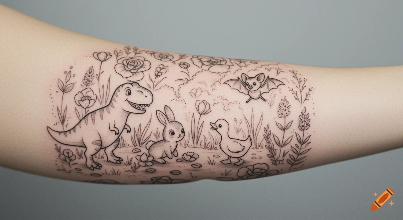 Black and grey whimsical tattoo on an arm featuring a T-Rex, bunny, duck, and bat in a garden with flowers.