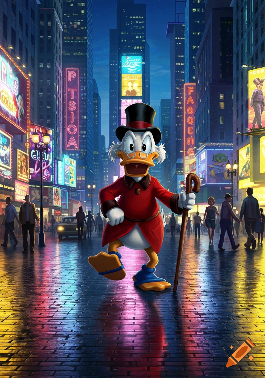 Scrooge McDuck walks confidently down a neon-lit city street at night, holding his cane, with bright reflections on the wet pavement.