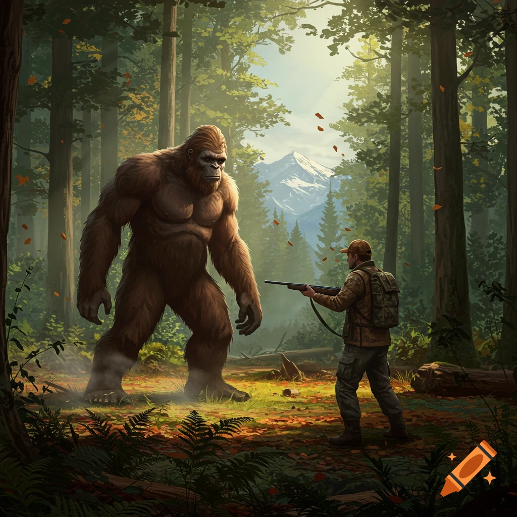 A hunter aims a rifle at a towering Sasquatch in a sunlit forest with a mountain in the background.