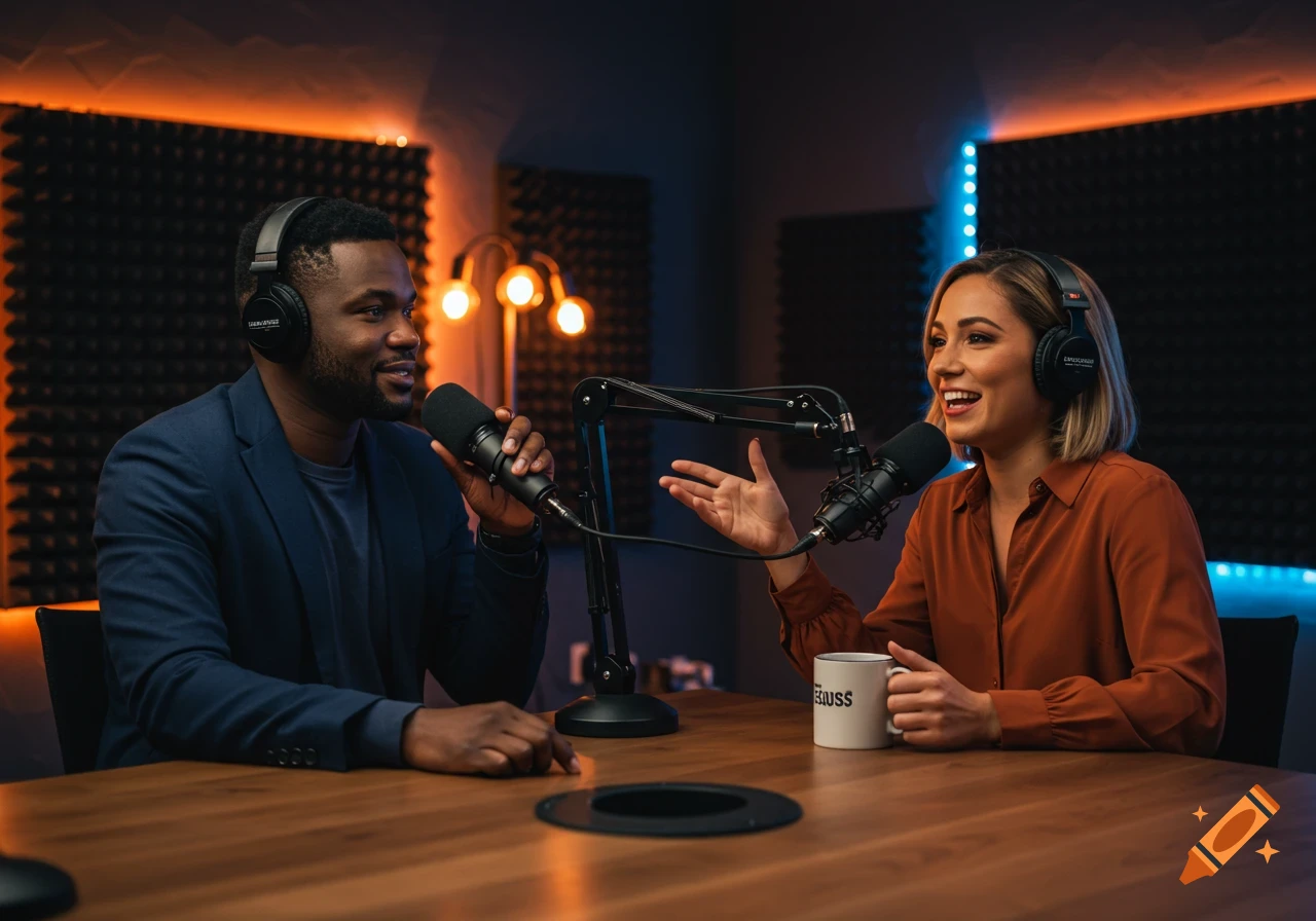 A male and female podcaster recording a show in a studio with microphones and headphones, bathed in warm and cool lighting.