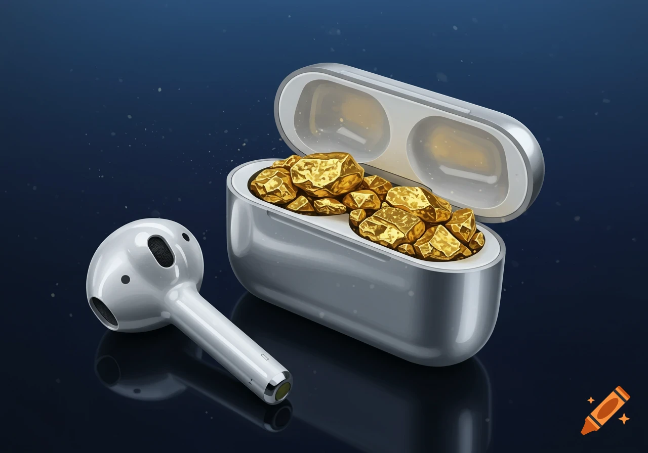An open silver AirPods Pro 2 case filled with glistening gold nuggets, with a single white AirPod lying next to it on a dark blue background.