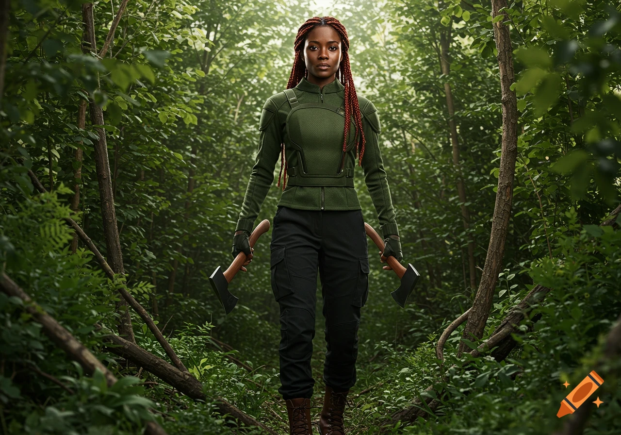 A woman with red-brown braids in a green tactical suit stands in a dense forest, holding two hatchets, in a photorealistic style.