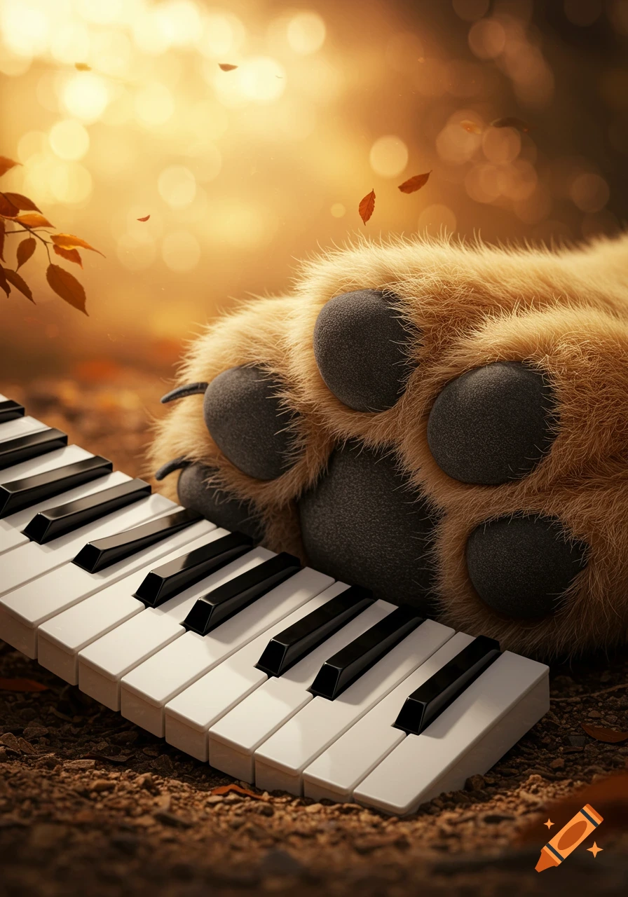 Close-up of a fluffy animal paw next to piano keys on the ground with fallen autumn leaves and warm bokeh lighting.