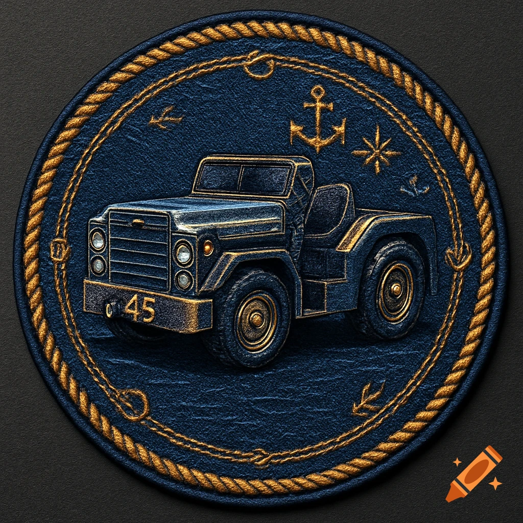 An embroidered patch with a navy blue background, gold rope border, and a classic blue and gold military jeep, featuring the number 45 on its bumper. An anchor and star are in the background.