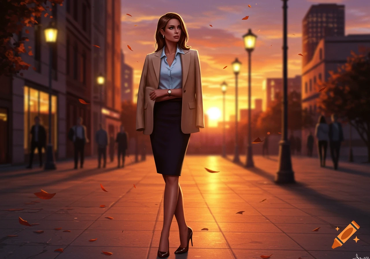 A woman in a beige blazer, light blue blouse, and black skirt stands on a city street at sunset.