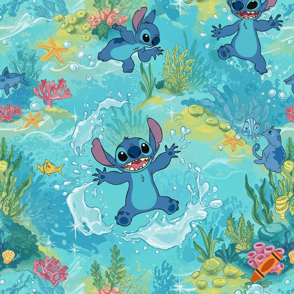 A cartoon pattern featuring the blue character Stitch swimming underwater with coral, seaweed, starfish, and bubbles.
