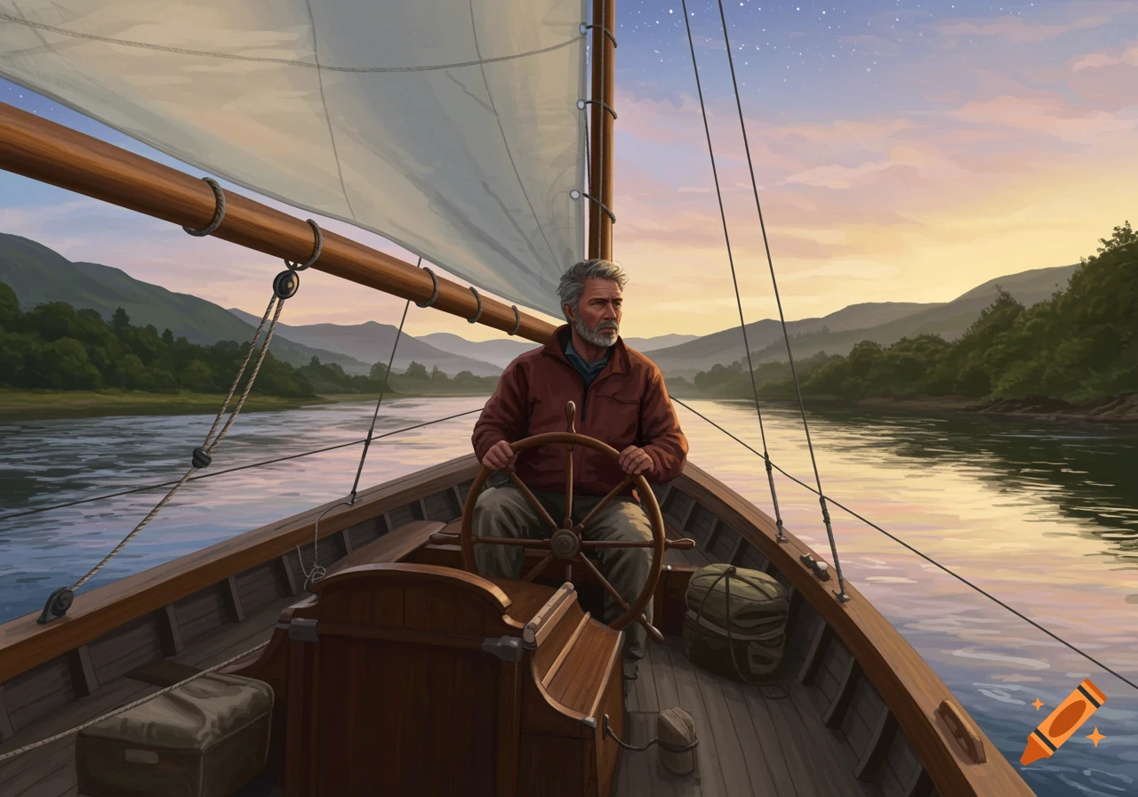 A grizzled middle-aged man steers a sailboat on a calm river at dusk, with mountains and trees along the banks. Illustrated style.