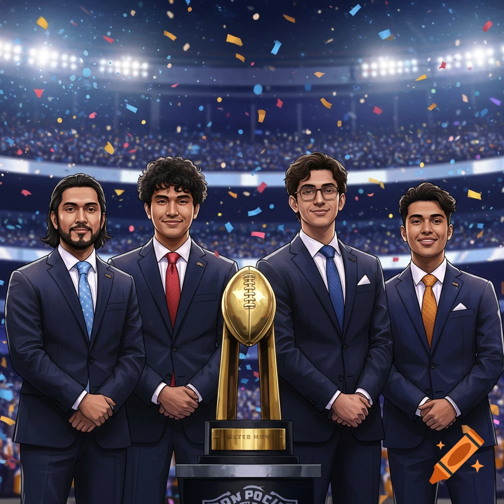 Four young men in suits pose with a golden football trophy amidst confetti in a stadium, in a cartoon style.