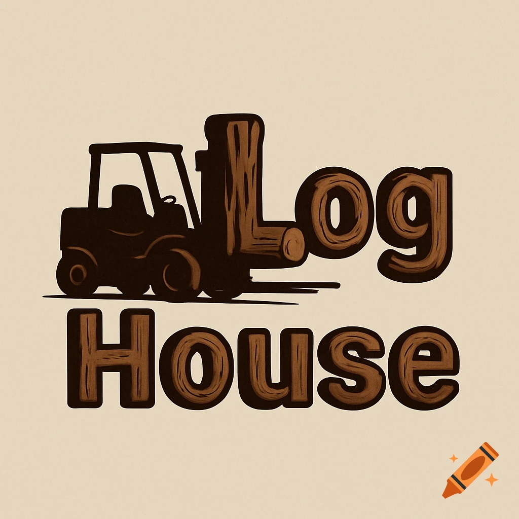 A dark brown logo featuring a forklift, with its mast forming the 'L' of 'Log House' in a log-style font.