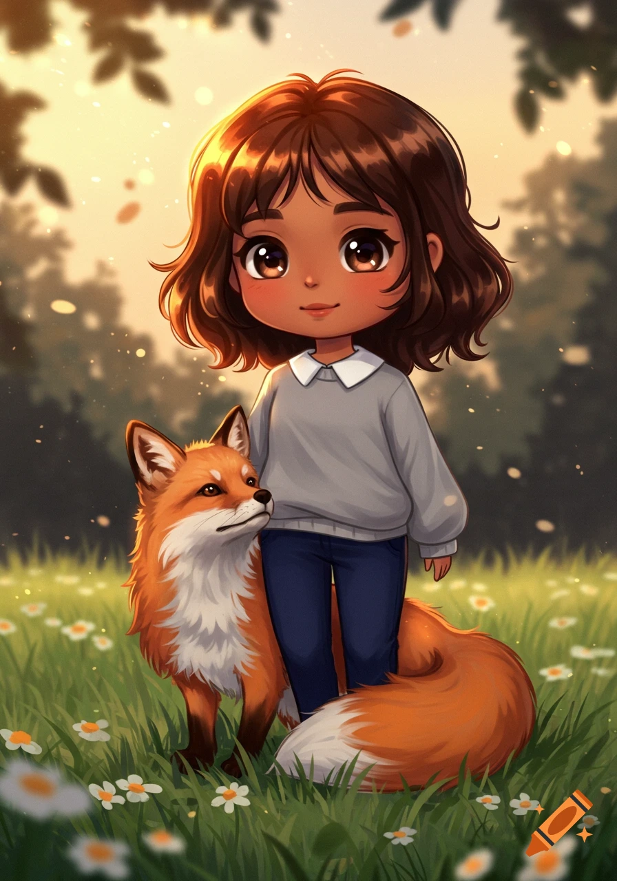 A cute anime girl with a fox in a sunny field of white flowers.