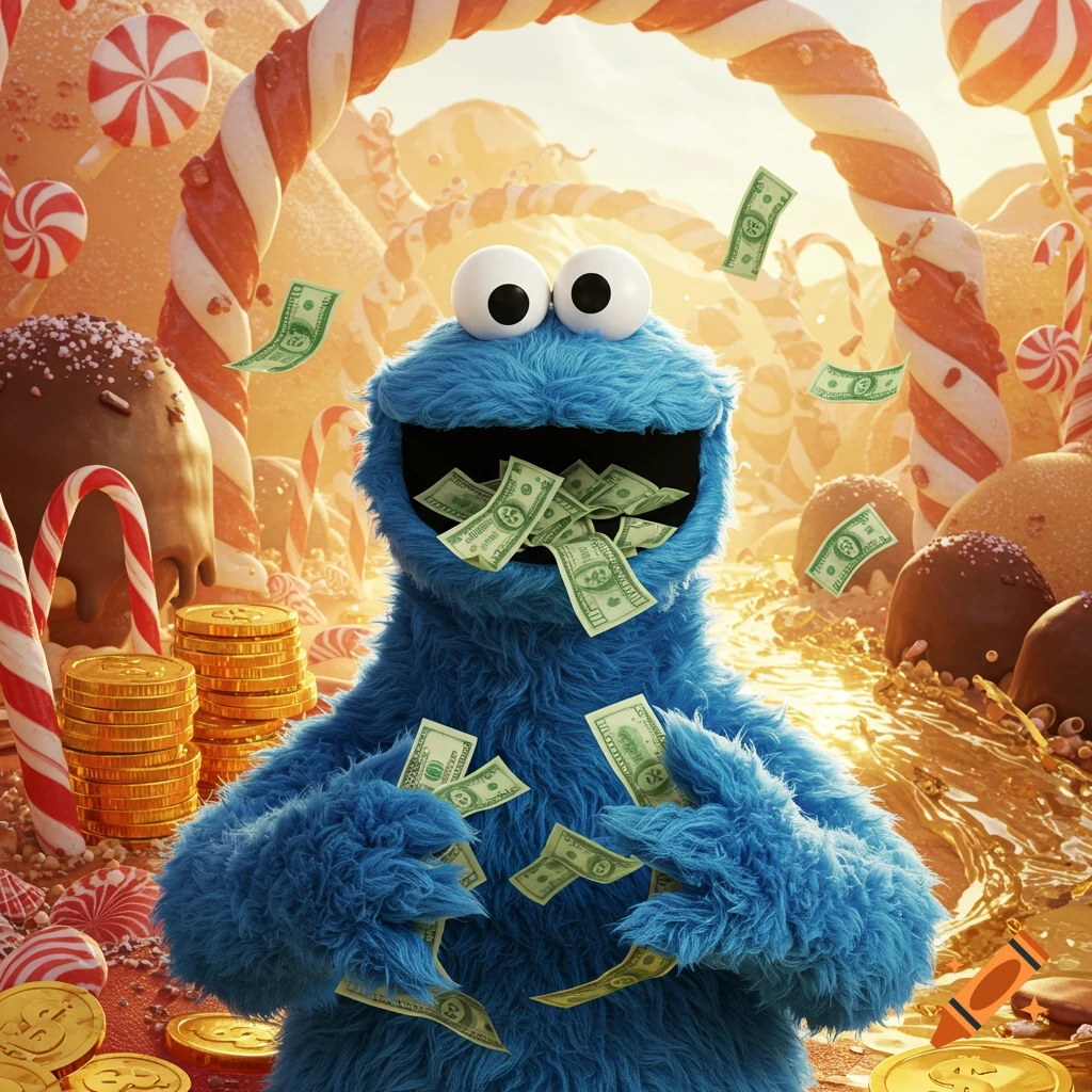 A furry blue Cookie Monster devours green money in a whimsical candy land filled with candy canes and gold coins.