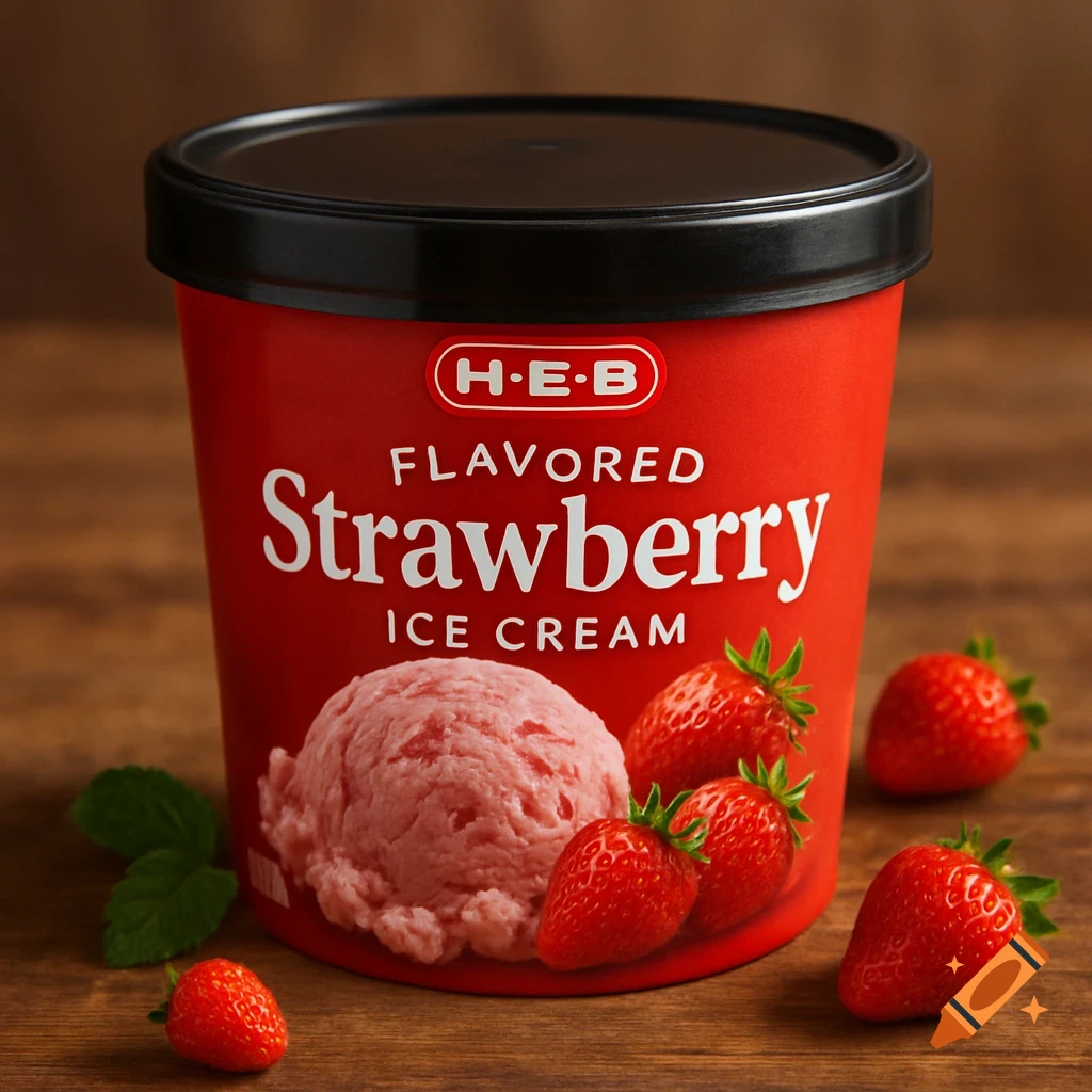 A red H-E-B Flavored Strawberry Ice Cream container with a scoop of ice cream and fresh strawberries on a wooden surface.