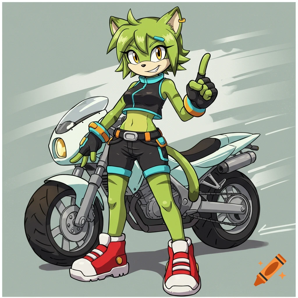 An anthropomorphic green cat character in a crop top and shorts stands confidently next to a white motorcycle in a clean, anime style.