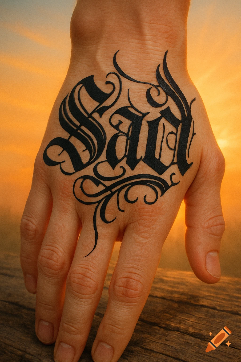 A black gothic style tattoo spelling 'Sad' with decorative flourishes on the back of a hand, against a golden sunset sky.