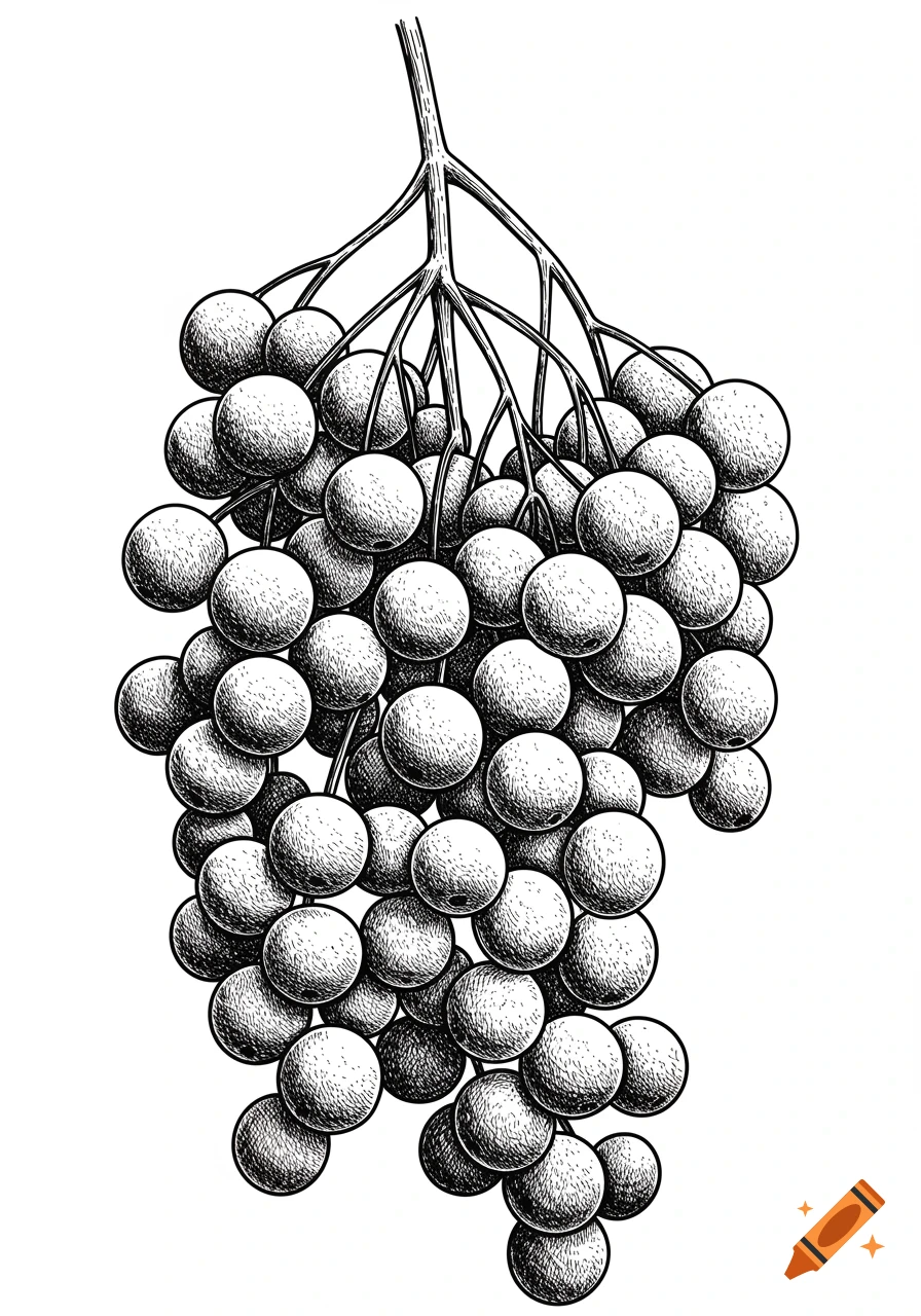 Black and white sketch illustration of a cluster of berries hanging from a branch.