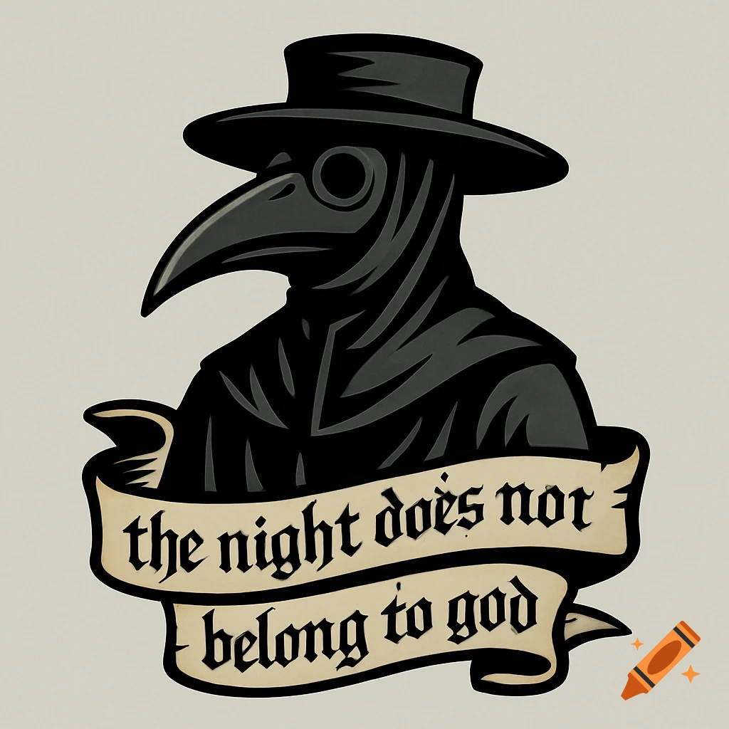 Stylized illustration of a black plague doctor with a banner that reads 'the night does not belong to god', designed as a tattoo.