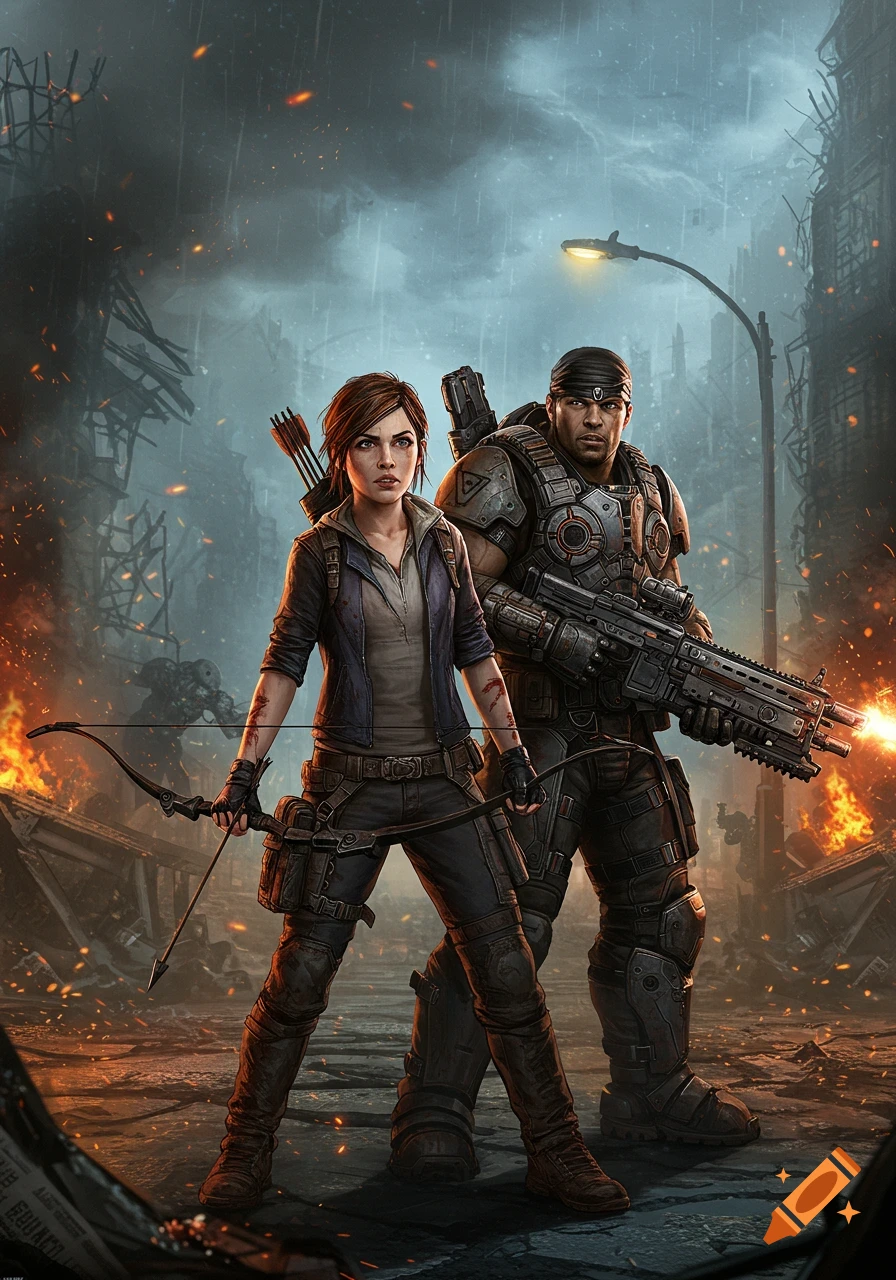 Two video game characters, a woman with a bow and a man in power armor with a rifle, stand in a rainy, war-torn city.