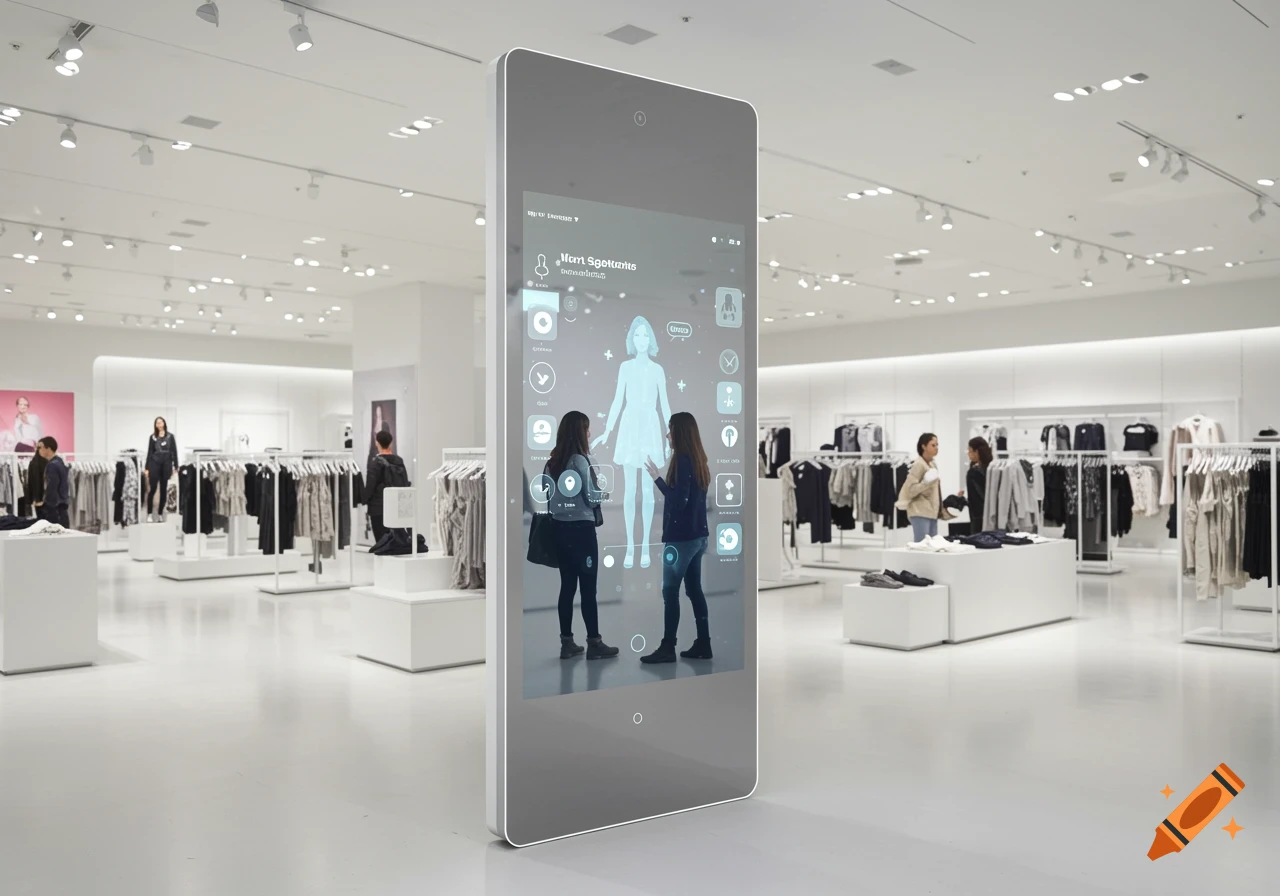 A photorealistic image of customers interacting with a tall, futuristic smart mirror in a spacious, white, minimalist H&M clothing store.