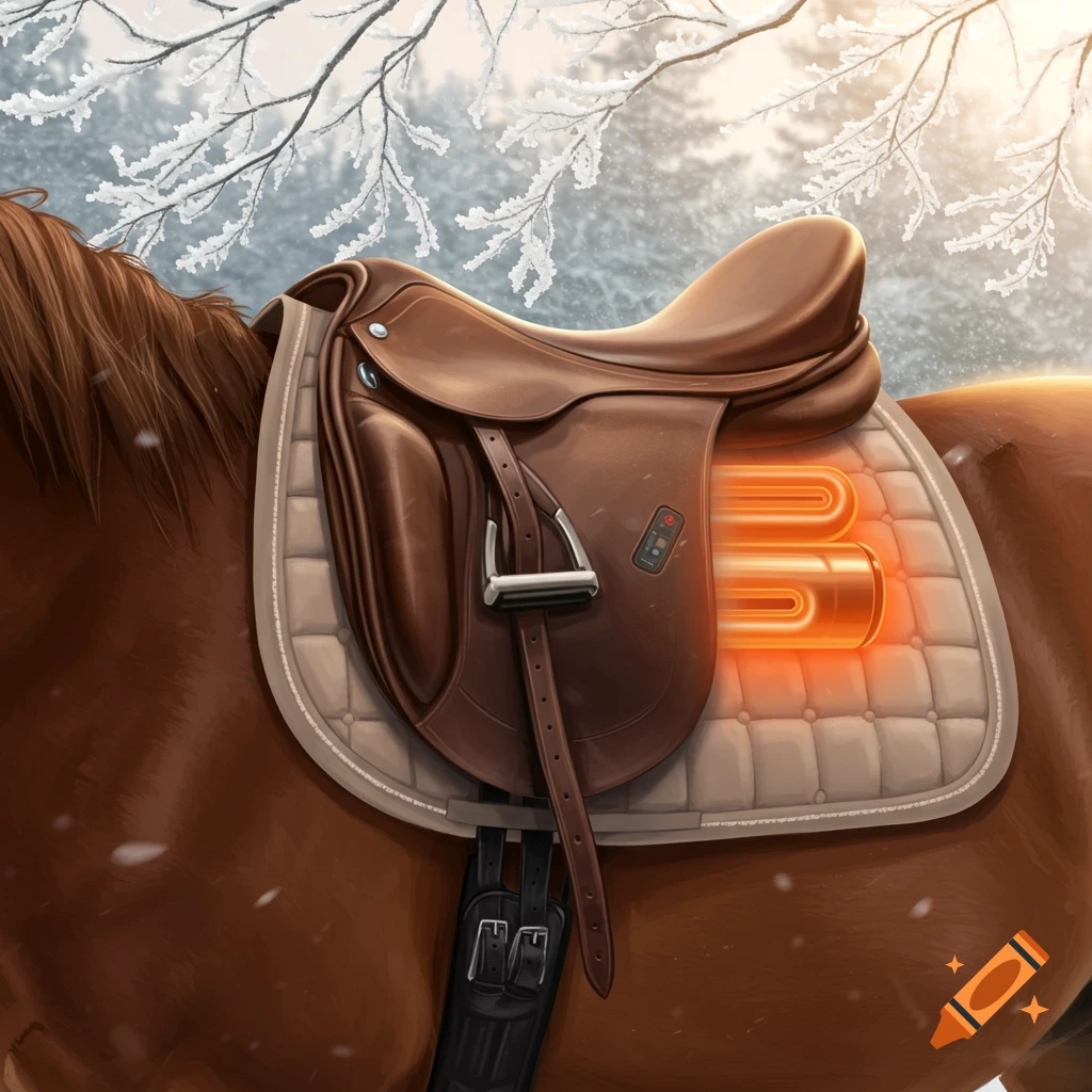 A brown horse with a leather saddle and a quilted saddle pad with glowing orange heating elements, set against a snowy winter background.