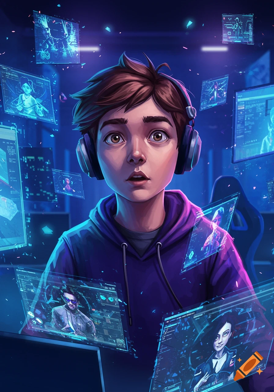 A young person in headphones looks surprised amidst glowing holographic screens in a dark, futuristic tech room, digital art.