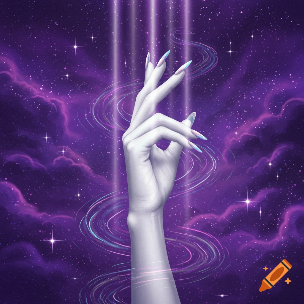 A white hand with long, iridescent nails reaching upwards against a vibrant purple starry cosmic background with swirling light.