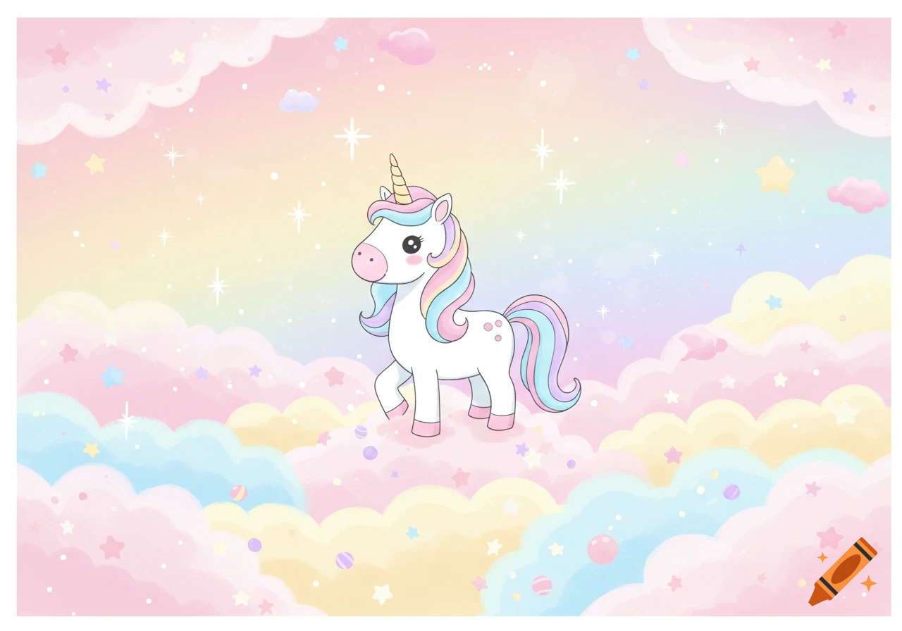 A cartoon unicorn with a rainbow mane and tail stands in a pastel rainbow sky filled with clouds and stars.