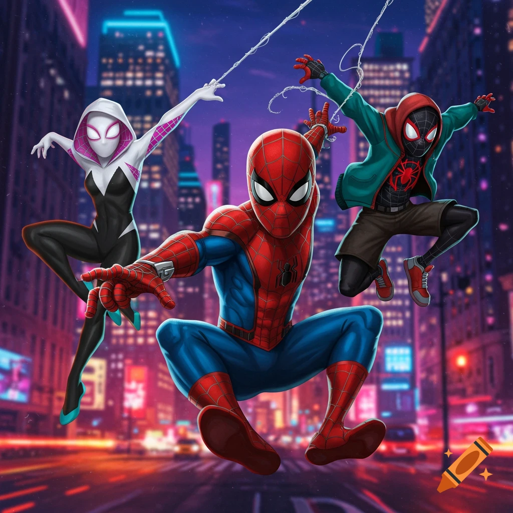Spider-Man, Spider-Gwen, and Miles Morales swing through a vibrant, neon-lit city at night in an animated style.