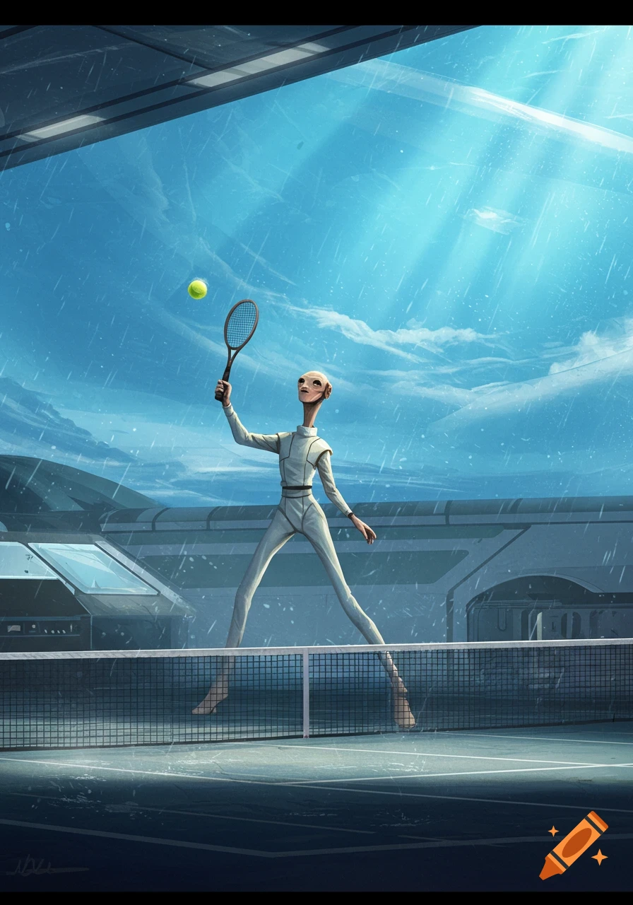 A slender alien resembling a Kaminoan plays tennis outdoors on a rainy court under a bright sky.