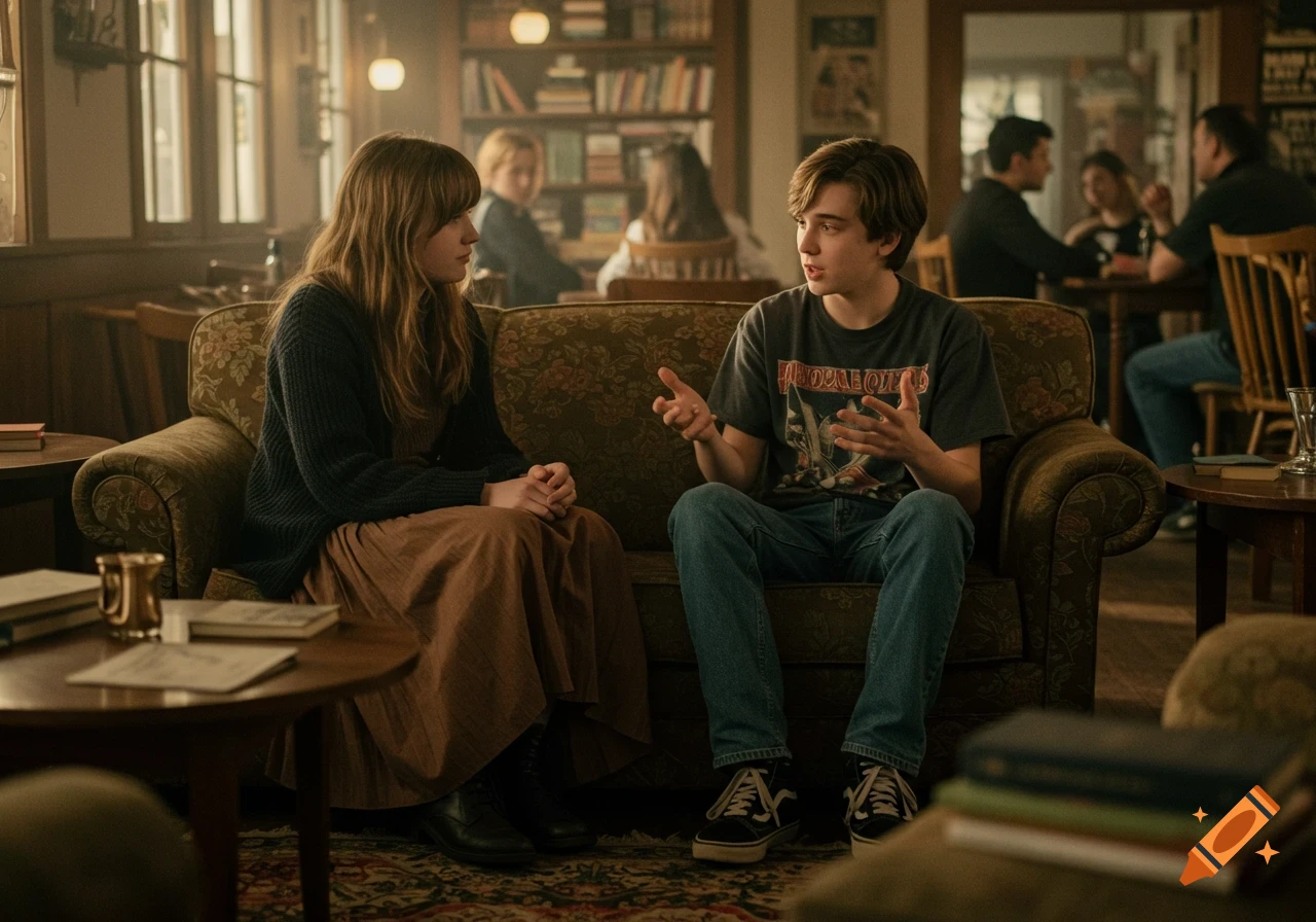 A young man and woman sit on a patterned couch in a warm, dimly lit cafe, deep in conversation. The man gestures as he speaks.