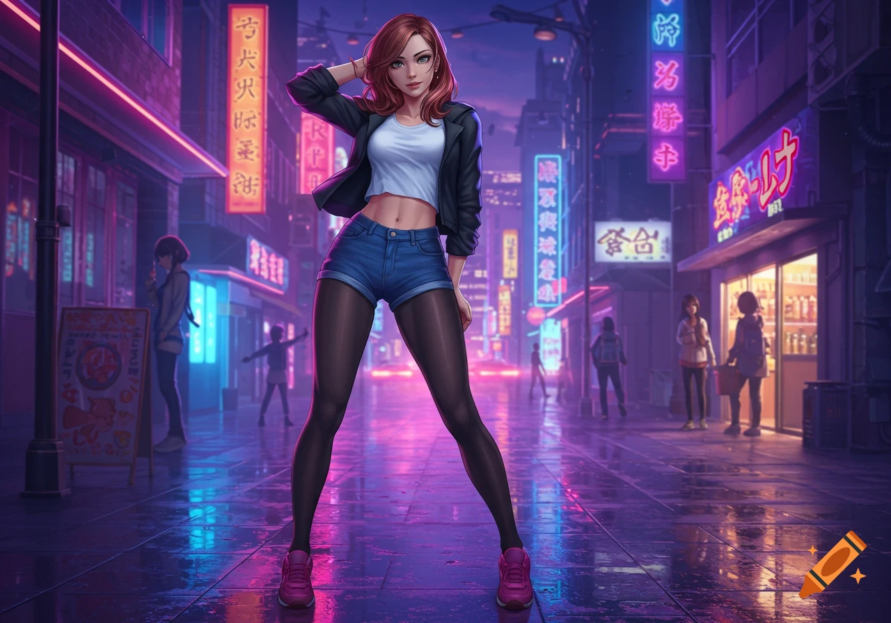 A red-haired anime character in a white crop top, black jacket, denim shorts over black tights, and pink sneakers poses on a neon-lit city street at night.