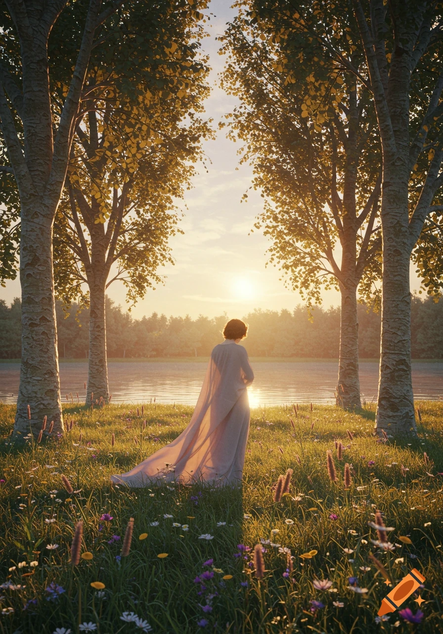 A person in a flowing gown stands in a grassy field between two trees, looking at a golden sunset over a tranquil lake.