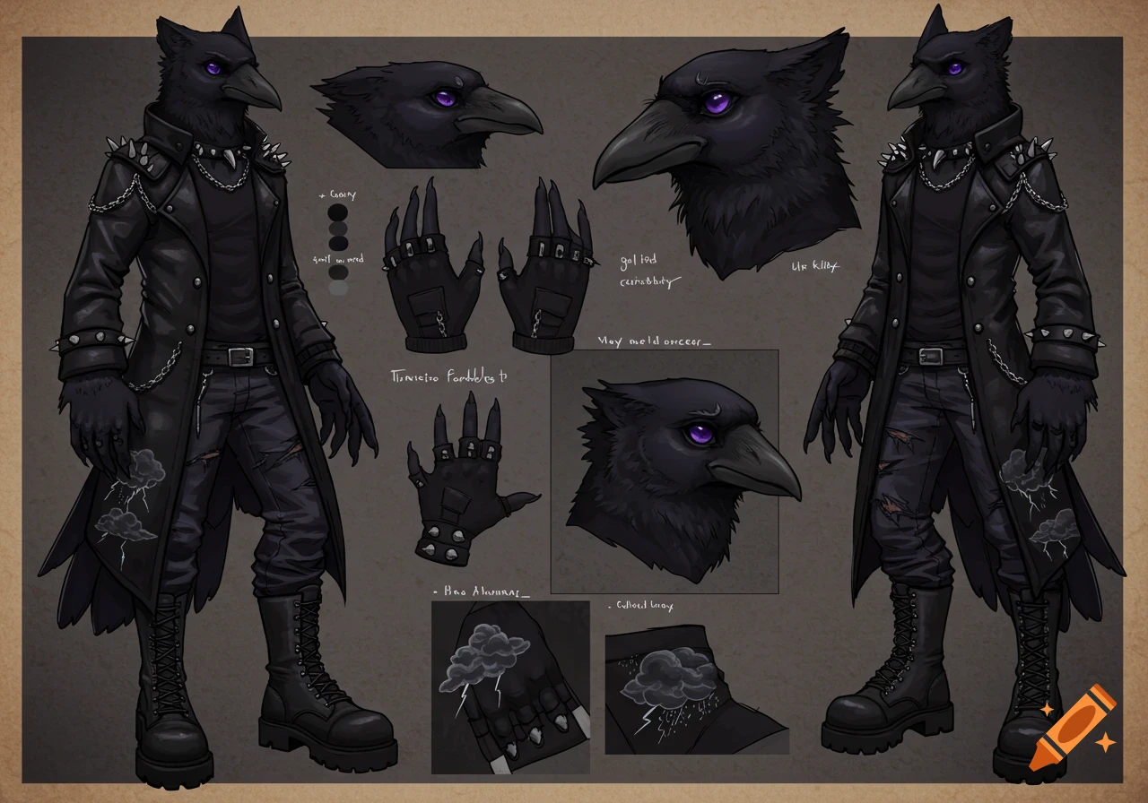 A black crow fursona character reference sheet with purple eyes, wearing a gothic trench coat, ripped jeans, and combat boots. Multiple views of the head and gloved hands are shown.