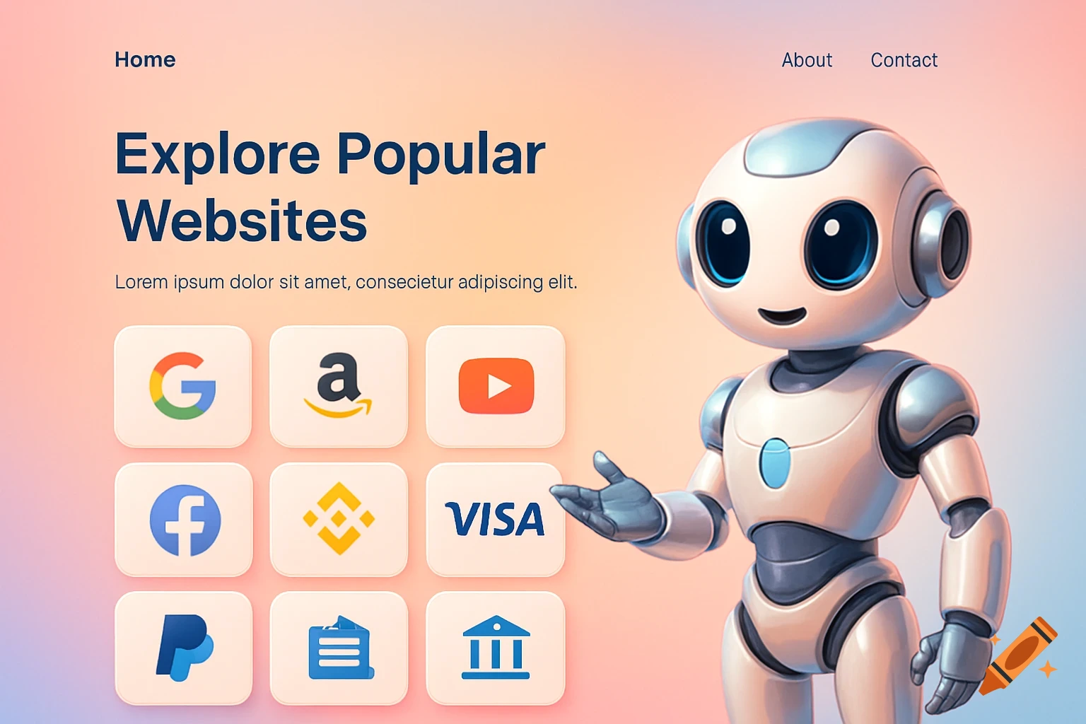 A futuristic robot points to a web design homepage featuring logos for Google, Amazon, YouTube, Facebook, Binance, Visa, and PayPal, with a gradient background.
