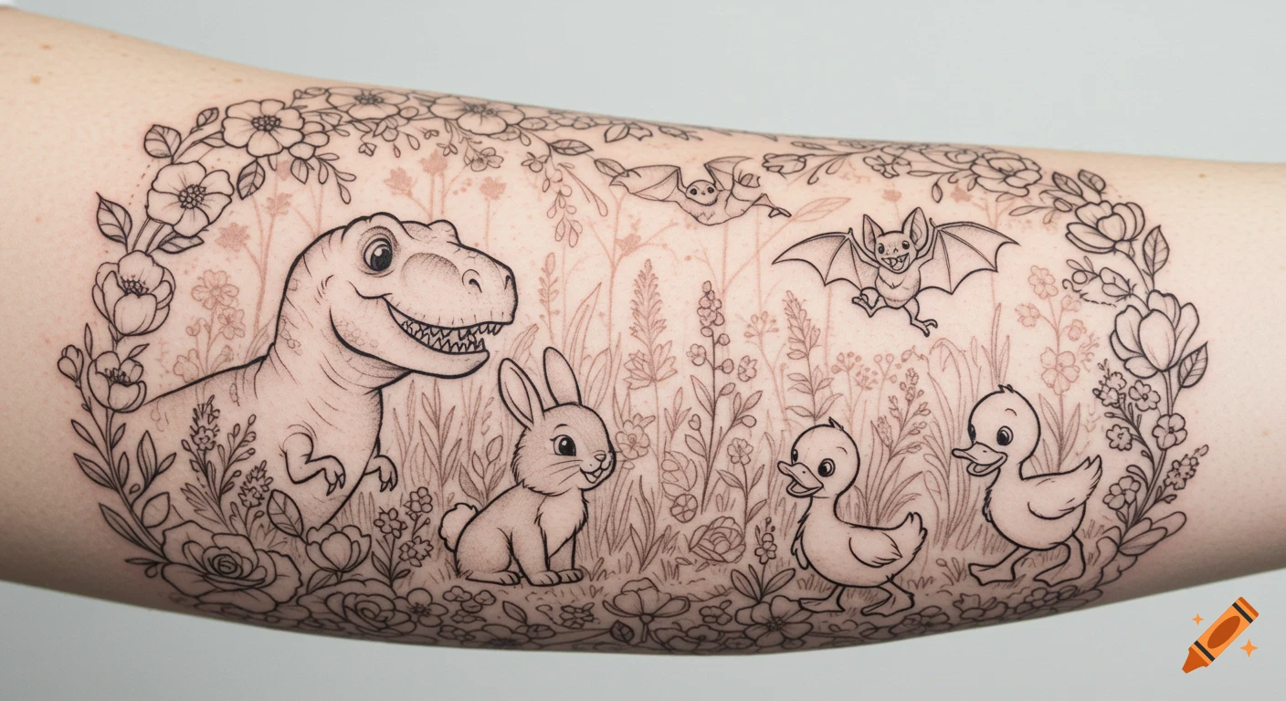 Black and grey line art tattoo on an arm showing a T-Rex, bunny, two bats, and two ducklings in a whimsical floral meadow.