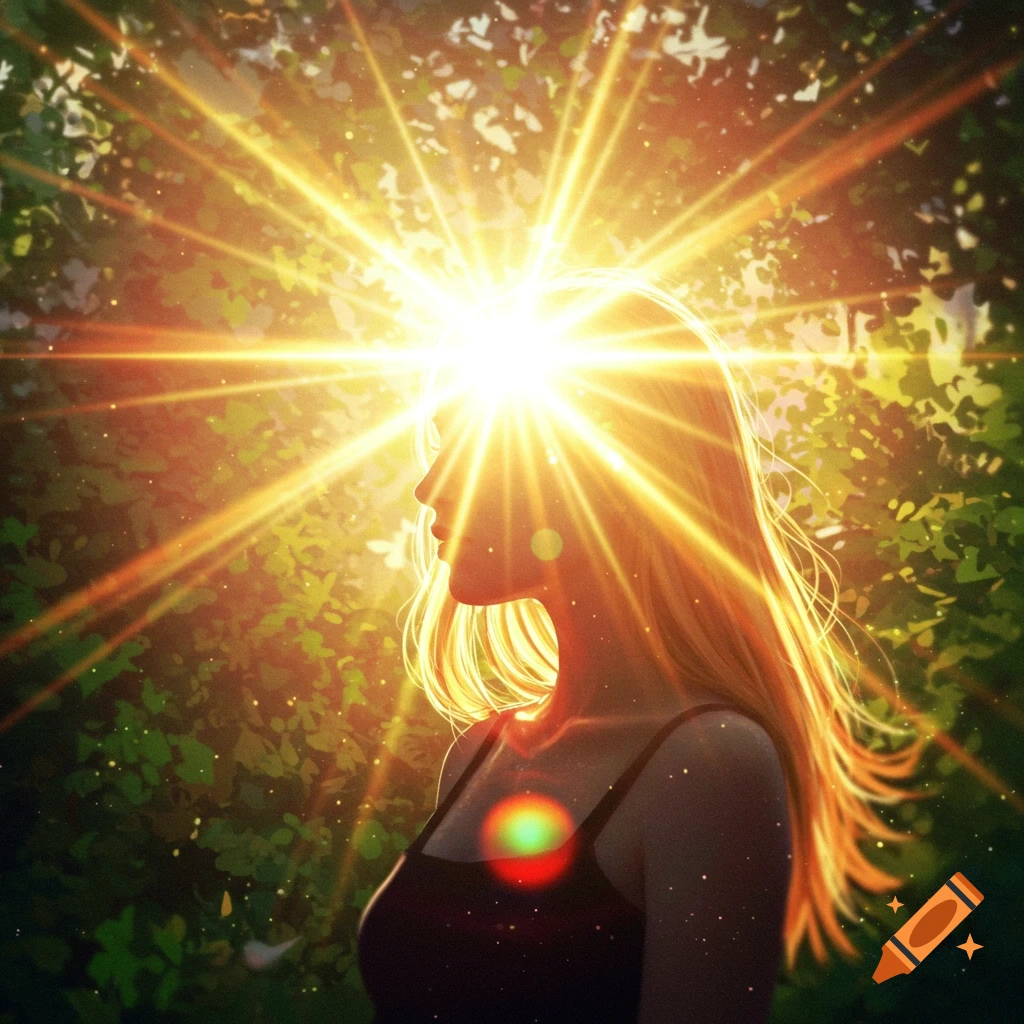 A stylized profile of a woman with a bright golden sunburst radiating from her head against a green leafy background.