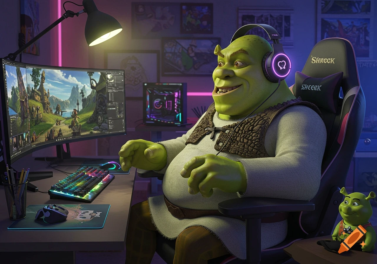 Shrek playing a video game on a curved monitor, wearing headphones, in a neon-lit room.