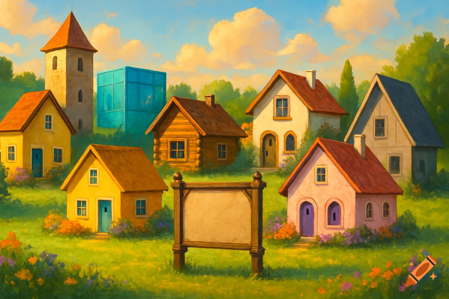 A colorful painting of a village with various styled houses, a tower, and a blank notice board on a sunny day.