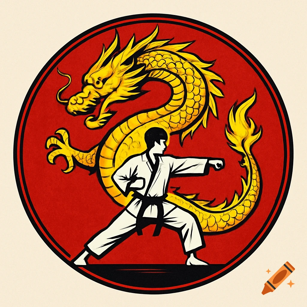 A circular red logo featuring a yellow dragon above a black and white stylized illustration of a karate person.